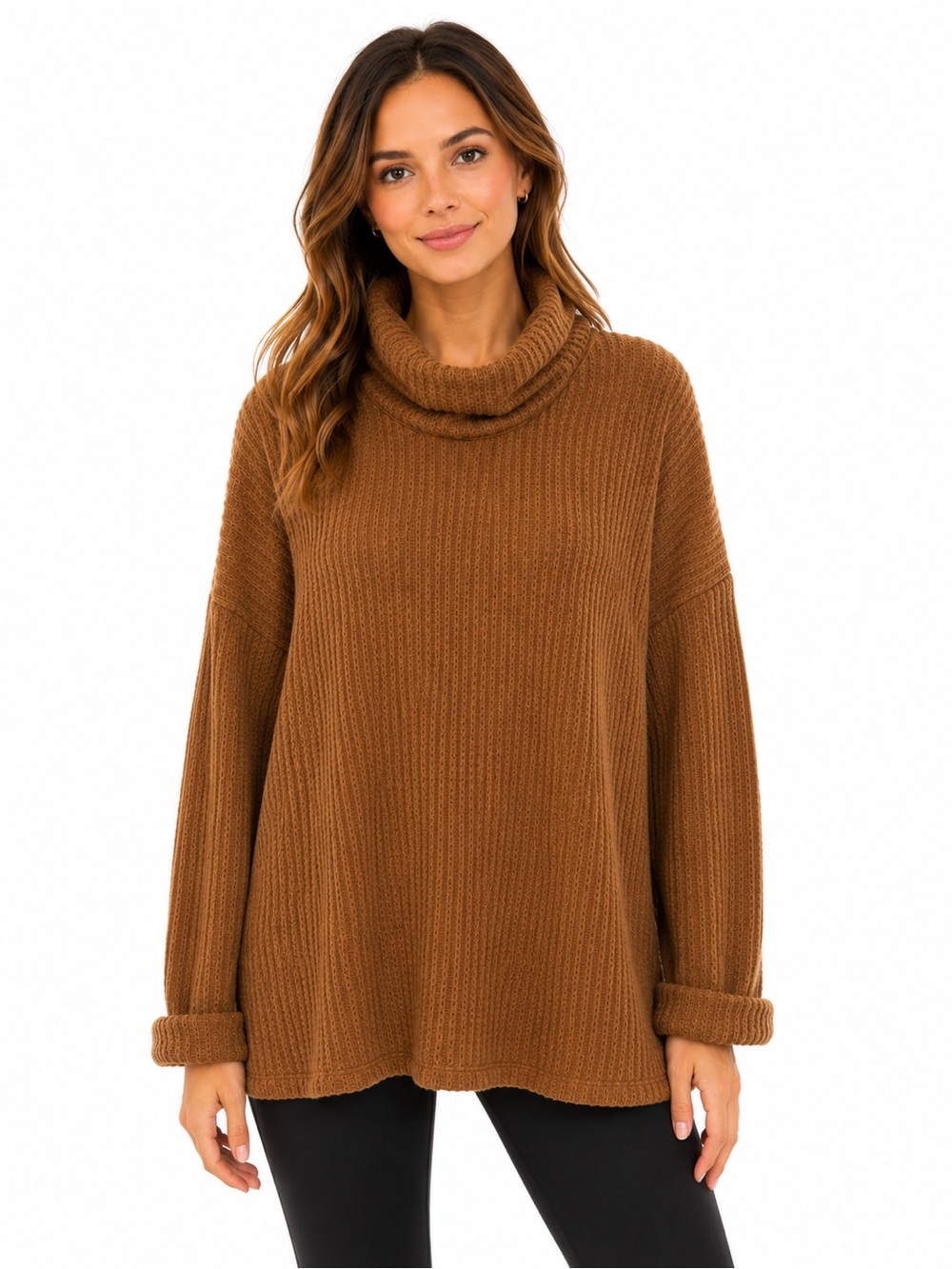 Glam Cozy Thermal Caramel Brown Turtleneck Thermal Tunic,Size L